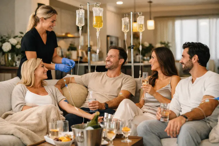 Group of friends receiving in‑home IV therapy in a bright, modern living room. A nurse adjusts an IV drip while clients relax on a sectional sofa with drinks and blankets, creating a luxury wellness lounge atmosphere.
