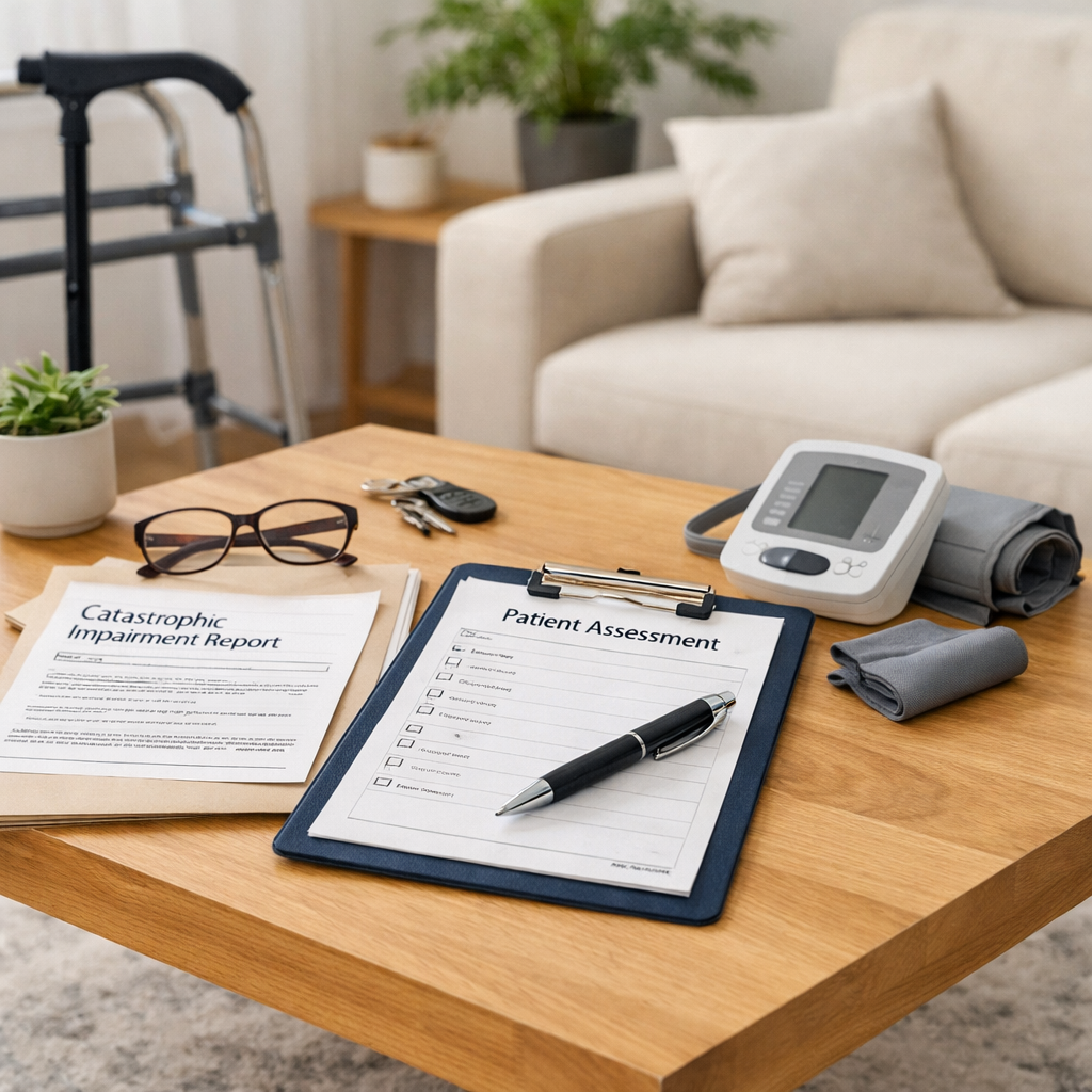 Home care assessment scene with clipboard labeled “Patient Assessment,” medical documents, blood pressure monitor, and mobility aids — representing catastrophic impairment support services in Brampton.