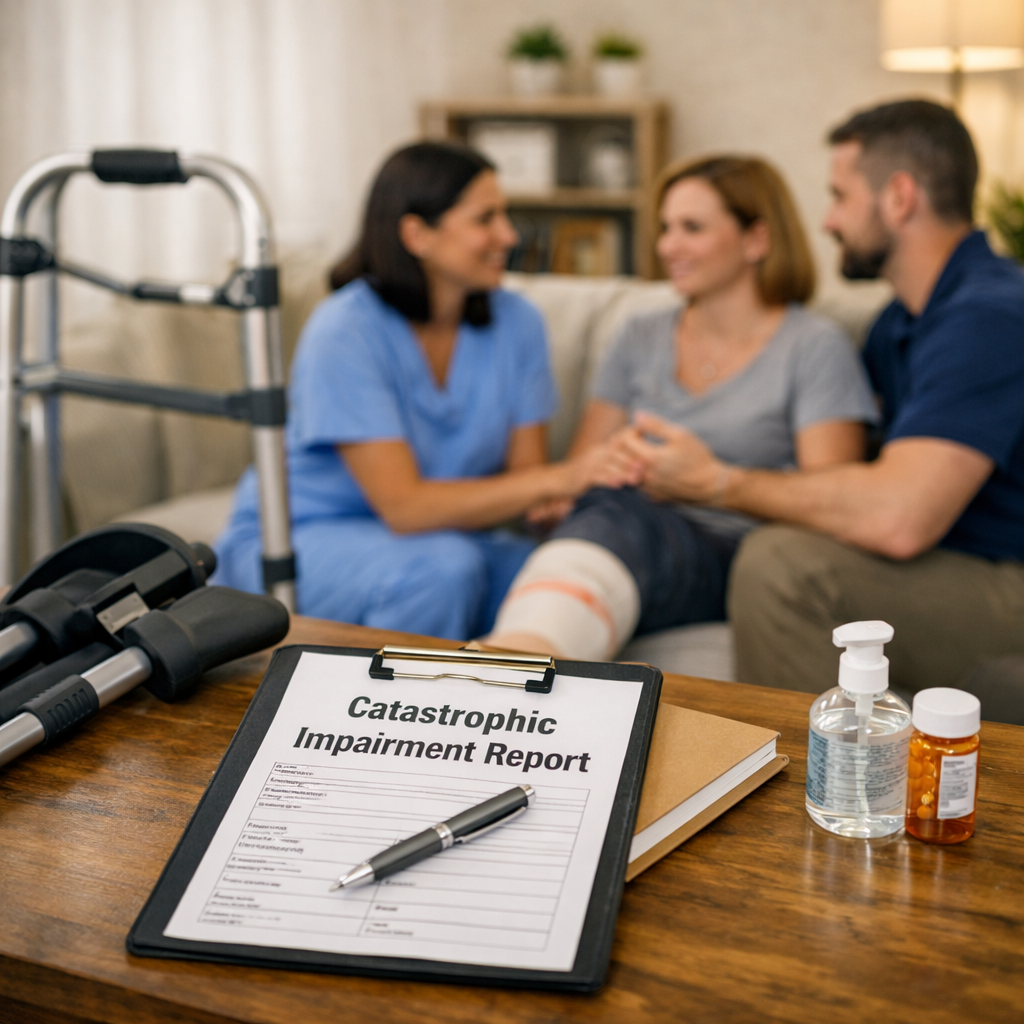 Physiotherapist and nurse providing in‑home catastrophic impairment support in Brampton — reviewing a Catastrophic Impairment Report with a patient during rehabilitation, with mobility aids and medical equipment in a bright living room.