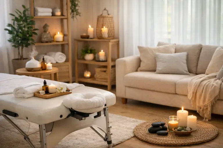 Calming in‑home wellness environment in Brampton featuring a professional massage table, candles, and natural light — representing mobile massage therapy services.