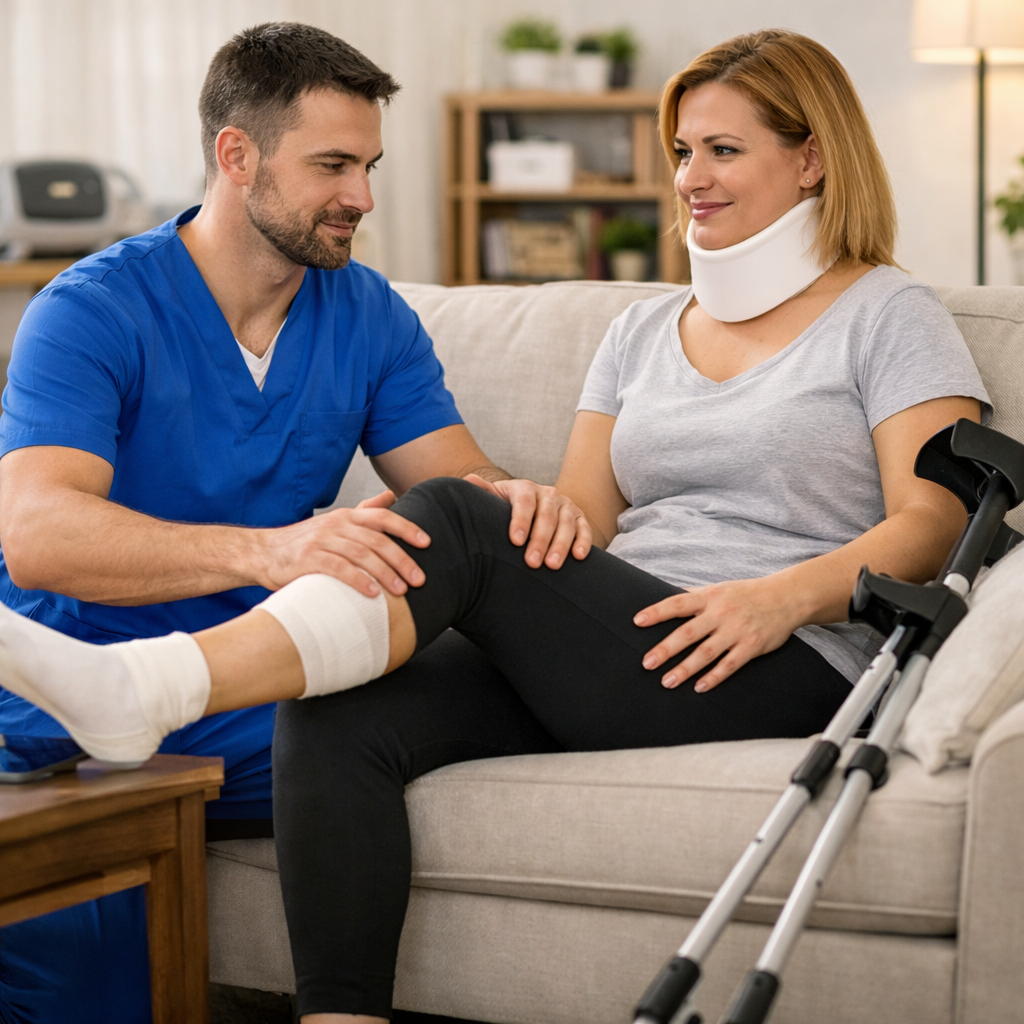 Physiotherapist providing in‑home car accident rehabilitation in Brampton — assisting a woman with neck and knee injuries during recovery exercises in a bright living room.