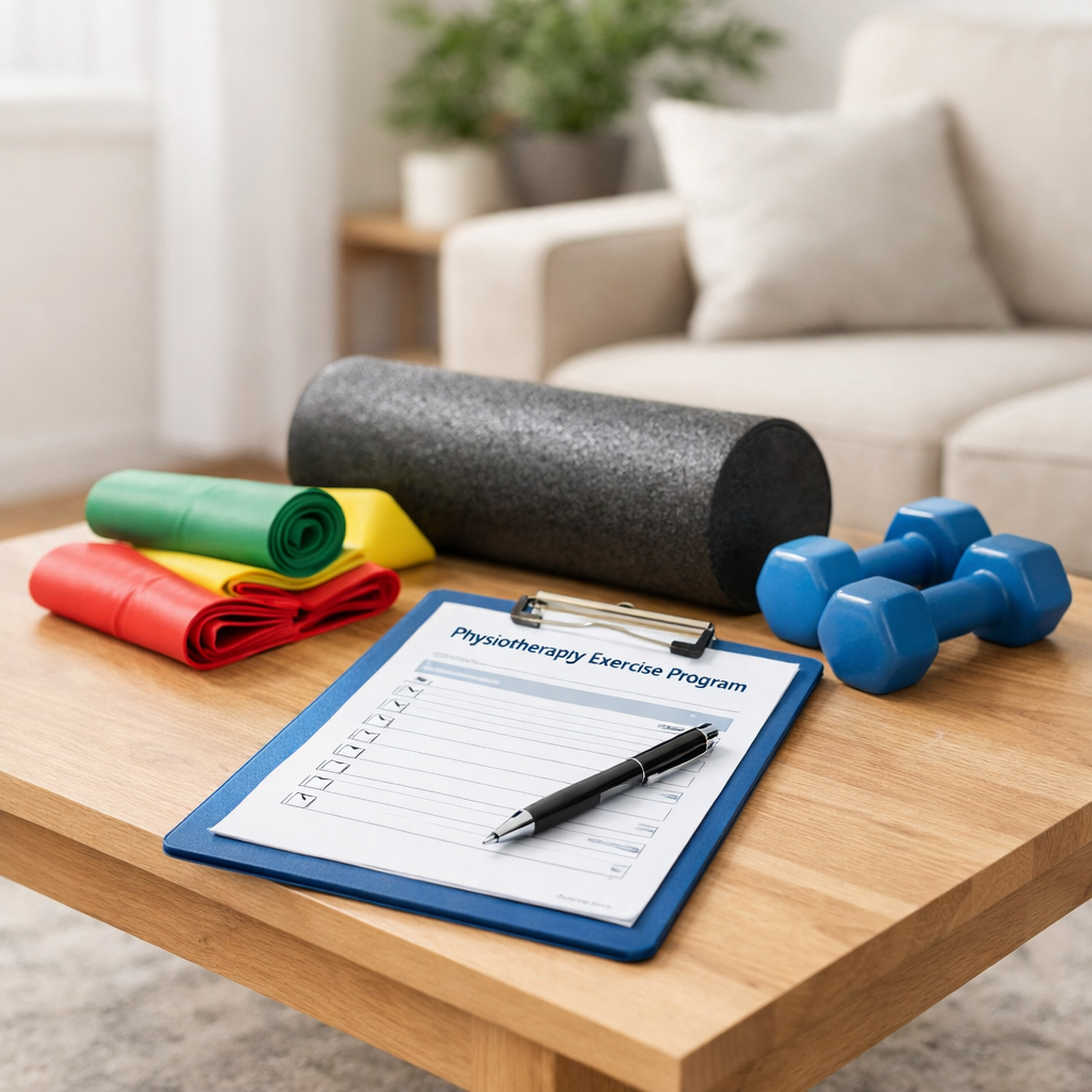 Physiotherapy exercise program clipboard with resistance bands, foam roller, and dumbbells arranged on a home table — representing mobile rehabilitation services in Brampton.