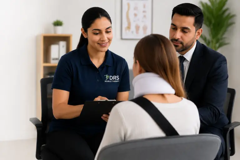 Physiotherapist providing personal injury legal support during a consultation with an injured patient and legal representative in Brampton.