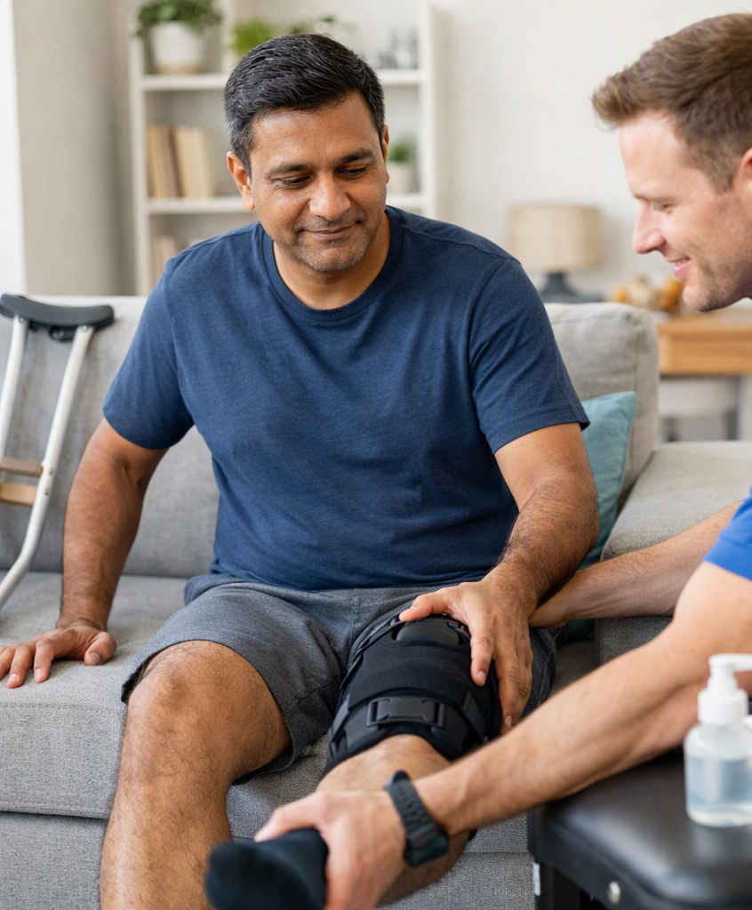 Rajiv Singh receiving mobile physiotherapy at home in Brampton after a car accident, guided by a licensed physiotherapist.